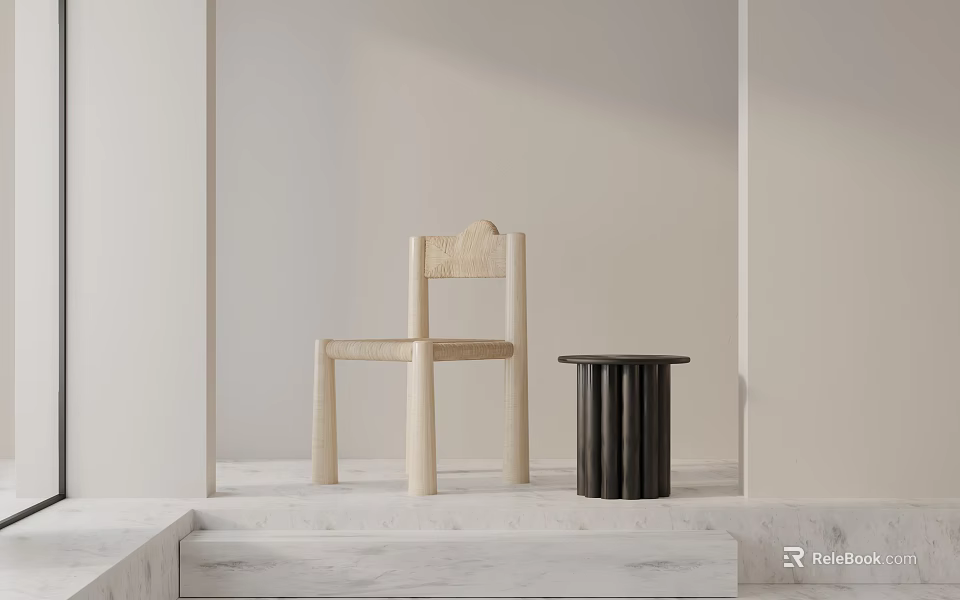 Light Wooden Dining Chair With Minimalist Design And Small Black Side Table On Marble Platform 3d model 