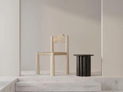 Light Wooden Dining Chair With Minimalist Design And Small Black Side Table On Marble Platform 3d model