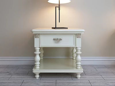 White Carved Bedside Table With Drawer Metal Handle Open Shelf And Table Lamp 3d model