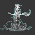 Woman with long blue hair wearing witch hat and flowing robe holding magical staff