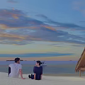 Tropical Beach Sunset Scene With Couple Thatched Hut Palmtree And Calm Sea