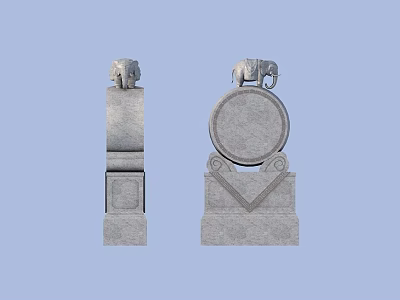 Stone Garden Ornaments With Elephant Head Decorative Pillar And Round Slab Base 3d model