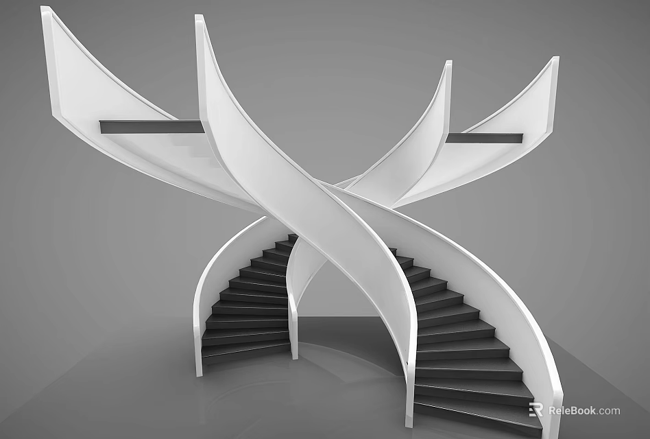 Modern Spiral Staircase Structure With Cross Design White Handrails And Black Steps 3d model 