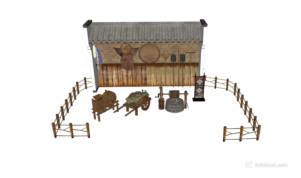 Garden Ornaments Scene With Cottage Gray Roof Circular Fence Wooden Barrels Wheelbarrow And Stone Mill 3d model 
