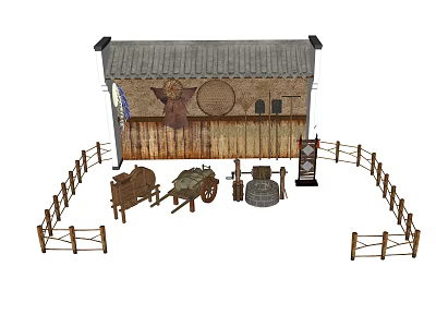 Garden Ornaments Scene With Cottage Gray Roof Circular Fence Wooden Barrels Wheelbarrow And Stone Mill 3d model