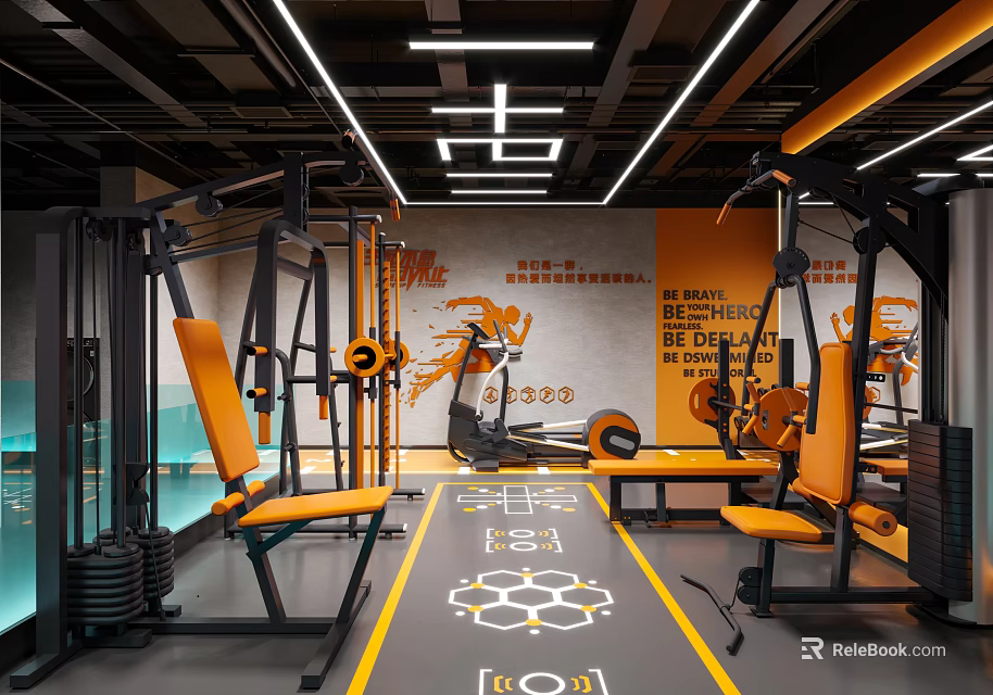 Modern Gym Interior With Orange Fitness Equipment And Ceiling Lights 3d model 
