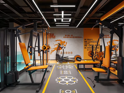 Modern Gym Interior With Orange Fitness Equipment And Ceiling Lights 3d model