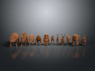 Collection of Animal Wood Carvings Arranged on Gray Background with Reflections 3d model