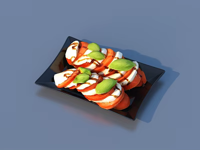 Black Square Ceramic Plate Serving Fresh Tomato And Cheese With Basil Leaves 3d model