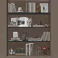 Stylish Decorative Ornament Collection On Wooden Bookshelf With Sculptures Books Geometric Decor And Vintage Radio