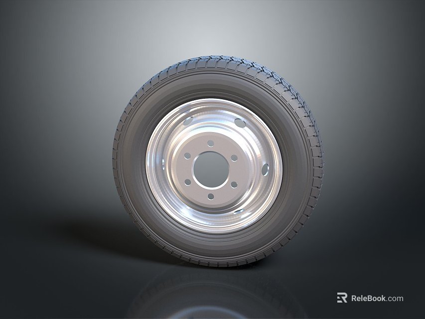 Car Tire With Silver Metal Rim And Tread Pattern On Dark Background 3d model 