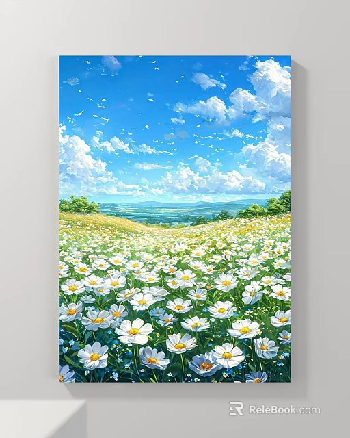 Scenic Landscape Painting With White Daisies Green Hills Blue Sky White Clouds And Flying Birds 3d model 