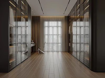 Contemporary Study Room Interior Design With Glass Partitions Wooden Flooring And Large Windows 3d model