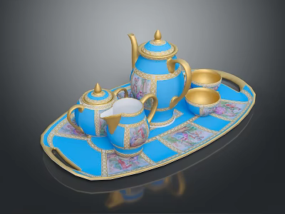 Handcrafted Porcelain Sculpture Tea Set With Blue Tray And Gold Decorative Patterns 3d model