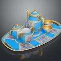 Handcrafted Porcelain Sculpture Tea Set With Blue Tray And Gold Decorative Patterns