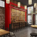 Modern Restaurant Interior With Brick Walls Pendant Lights And Wooden Dining Tables