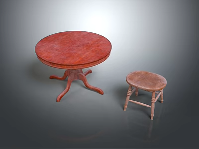 Elegant Round Wooden Table With Small Stool In Neutral Gray Environment 3d model