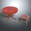 Elegant Round Wooden Table With Small Stool In Neutral Gray Environment 3d model
