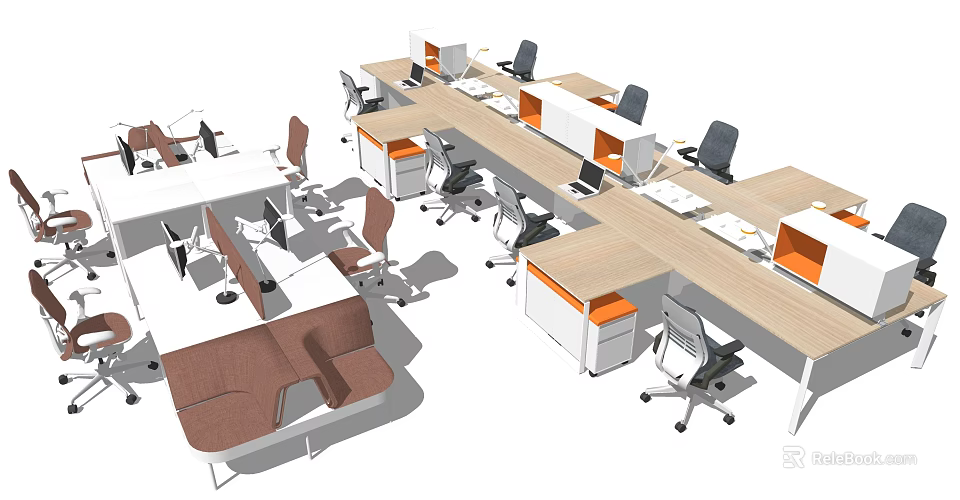 Modern Office Desks With Ergonomic Chairs Wooden Tops And Orange Drawers 3d model 
