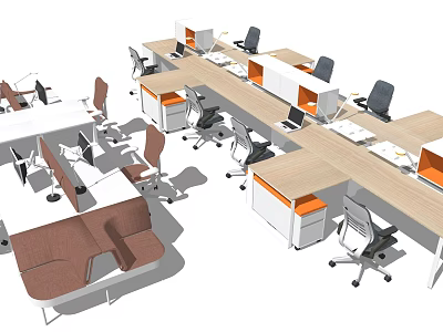 Modern Office Desks With Ergonomic Chairs Wooden Tops And Orange Drawers 3d model