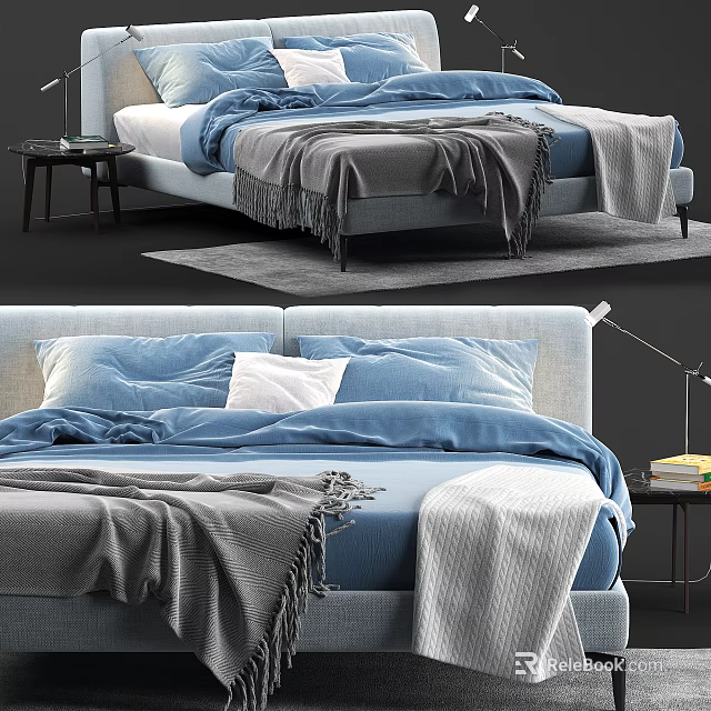 Cozy Modern Double Bed With Blue Gray Bedding Pillows And Side Table Lamp 3d model