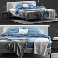 Cozy Modern Double Bed With Blue Gray Bedding Pillows And Side Table Lamp 3d model