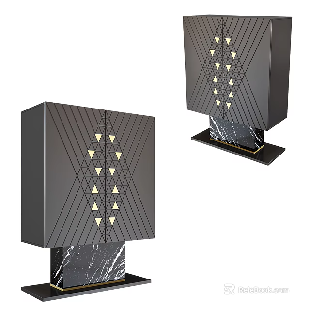 Modern Black Entryway Side Cabinet with Geometric Pattern Gold Triangle Accents and Marble Base 3d model 