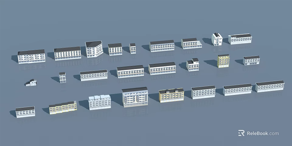 Diverse White Building Models with Various Styles Arranged on Blue Background 3d model
