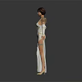 Woman Wearing White One Shoulder Long Dress With Golden Details And Long Sleeves
