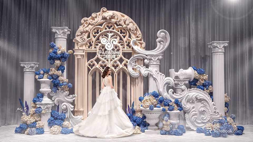 Bride In White Wedding Dress By Ornate Arch With Blue White Flowers And Carved Columns 3d model 