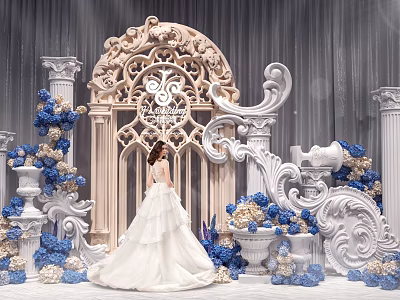 Bride In White Wedding Dress By Ornate Arch With Blue White Flowers And Carved Columns 3d model