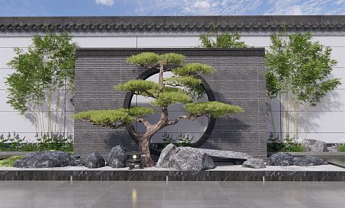 New Chinese style landscape sketch stone landscape wall courtyard sketch landscape pine tree withered stone landscape stone courtyard landscape 3d model