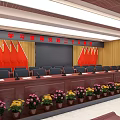 Formal Conference Room Interior With Red Flags Long Wooden Tables And Black Chairs