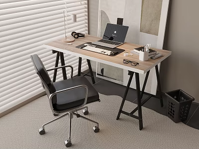 Modern Wooden Desk Interior With Black Chair Laptop Desk Lamp And Window Blinds 3d model