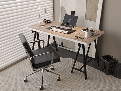 Modern Solid Wood Desk Chair Apple Laptop Reading Light Headset Keyboard Rotating Office Chair Venetian Blinds 3d model