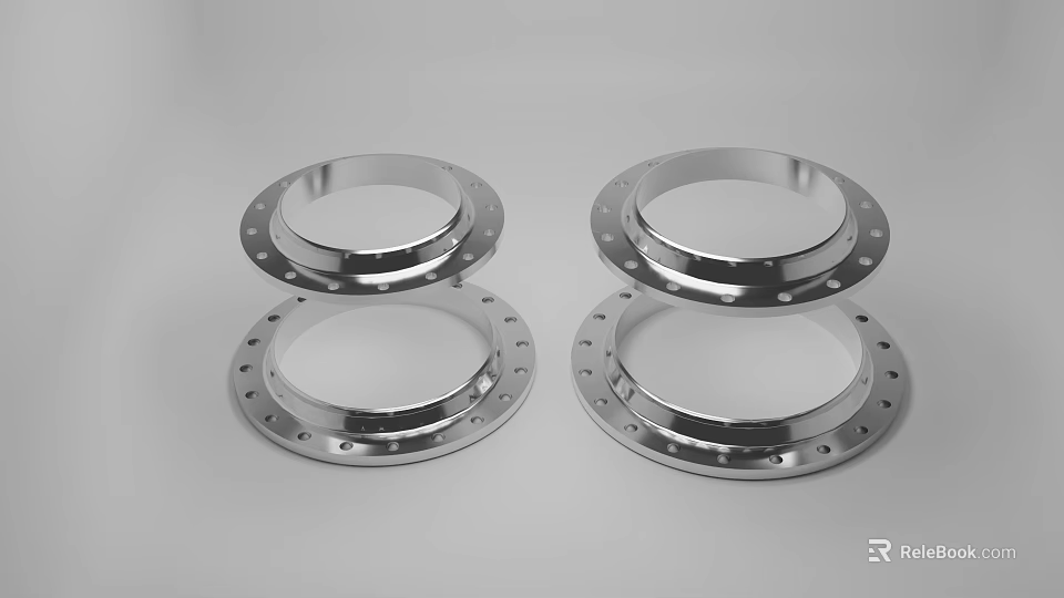 Four Polished Stainless Steel Industrial Flanges with Bolt Holes and Smooth Surface 3d model 