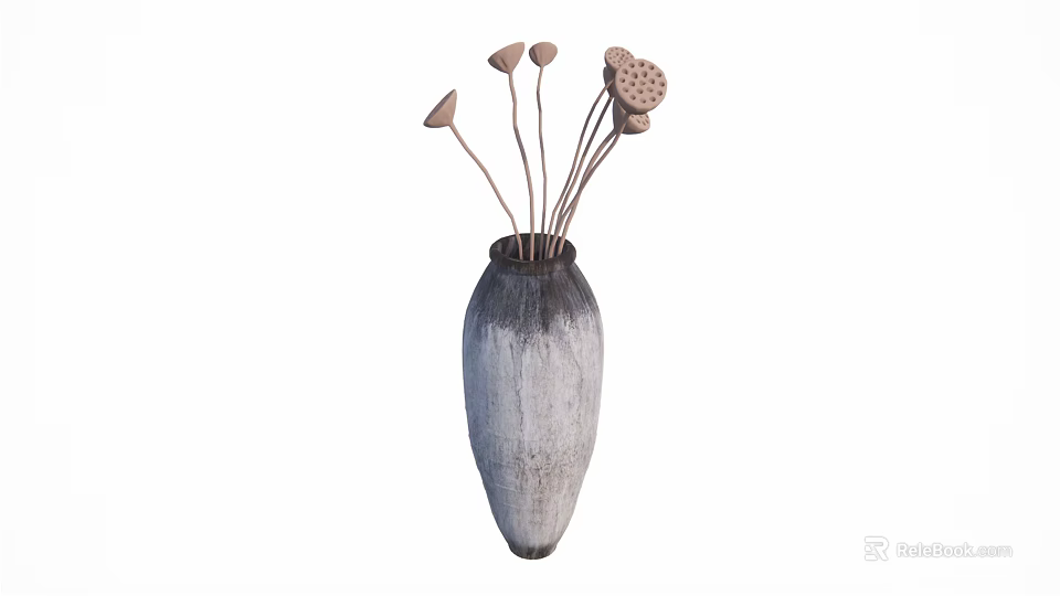 Gray and Black Gradient Vase with Dried Lotus Pods and Flowers Arrangement 3d model 