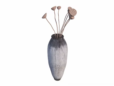 Gray and Black Gradient Vase with Dried Lotus Pods and Flowers Arrangement 3d model