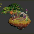 Colorful 3D Floating Island Scene With Tree Path Archway And Red Bird