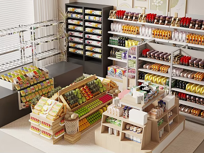 Multi Tiered Display Shelves With Neatly Arranged Food Beverages Snacks And Fruits In Retail Shop 3d model