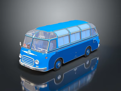 Vintage Blue Bus With Large Windows Classic Design On Reflective Surface 3d model Vintage Blue Bus With Large Windows Classic Design On Reflective Surface 3d model