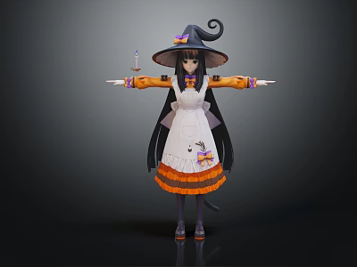 Halloween Witch Character With Black Cat Long Black Hair And Pumpkin Pattern Dress 3d model