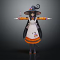 Halloween Witch Character With Black Cat Long Black Hair And Pumpkin Pattern Dress