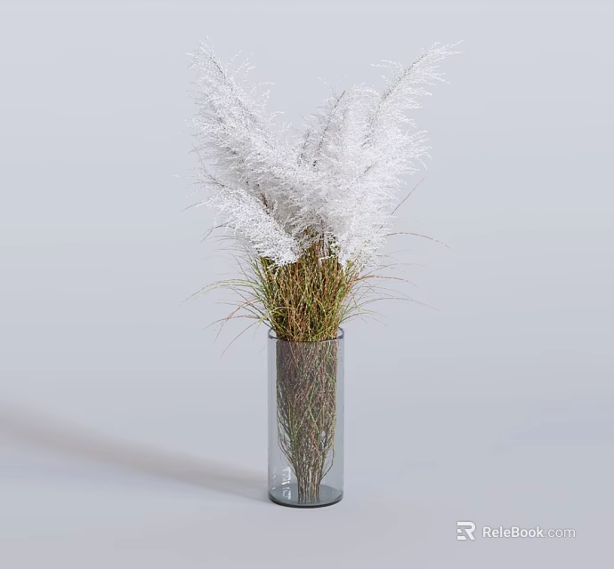 Elegant Transparent Glass Vase With White Pampas Grass And Green Blades 3d model 