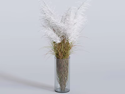 Elegant Transparent Glass Vase With White Pampas Grass And Green Blades 3d model