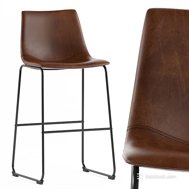 Brown Leather Bar Stools With Black Metal Frame Modern Minimalist Design 3d model 