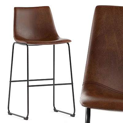 Brown Leather Bar Stools With Black Metal Frame Modern Minimalist Design 3d model