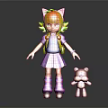 Cat Eared Girl In Purple Dress With Blue Top And Striped Socks Beside Teddy Bear