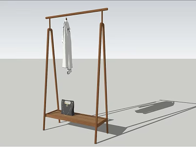 Wooden Coat Rack with Hanging White Garment and Lower Shelf Holding Black Bag 3d model