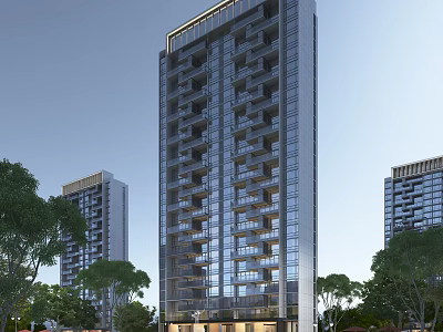 Modern High Rise Residential Building With Glass Curtain Walls And Greenery Surroundings 3d model